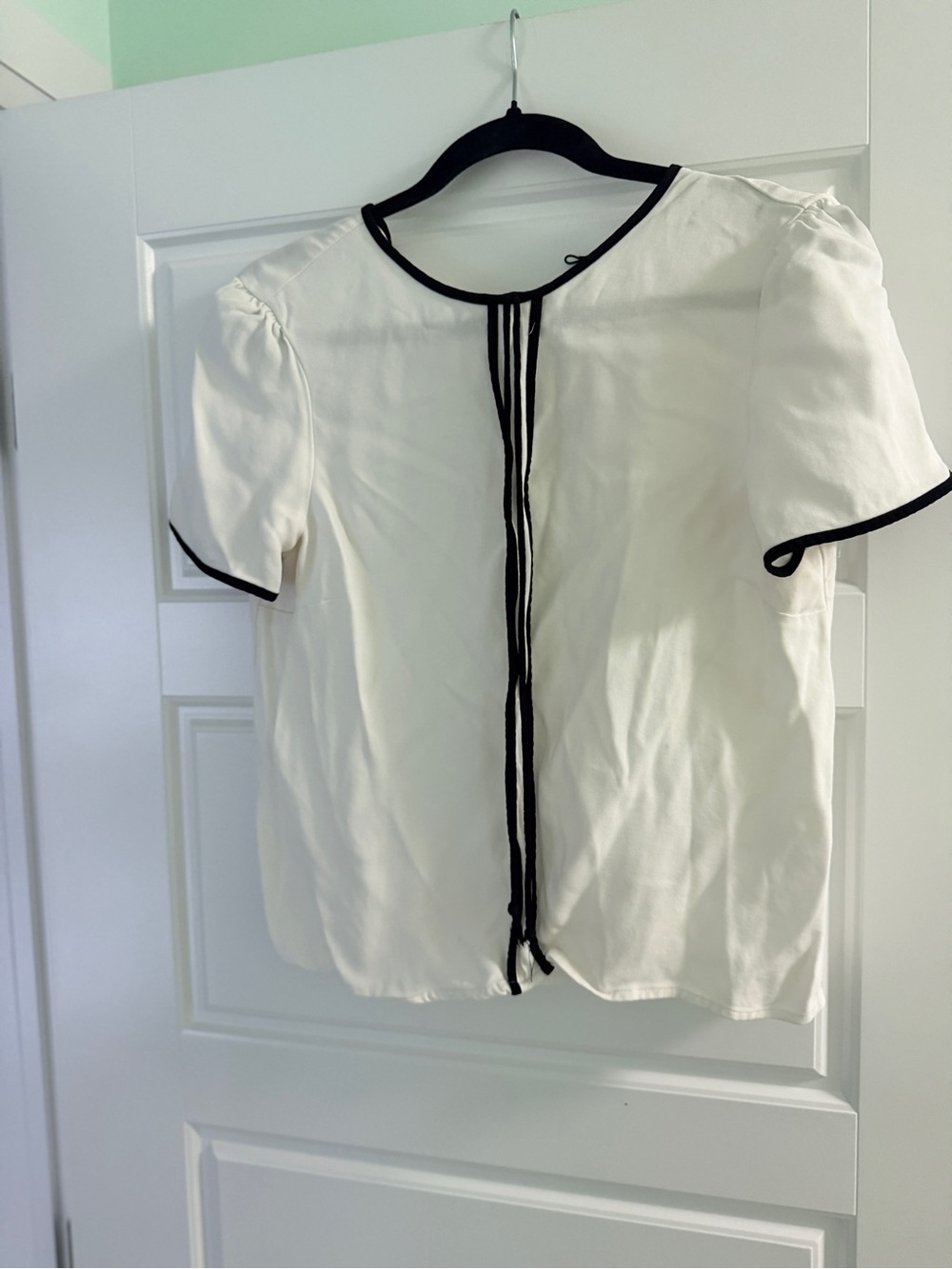 Cream Short-Sleeve Blouse with Black Trim